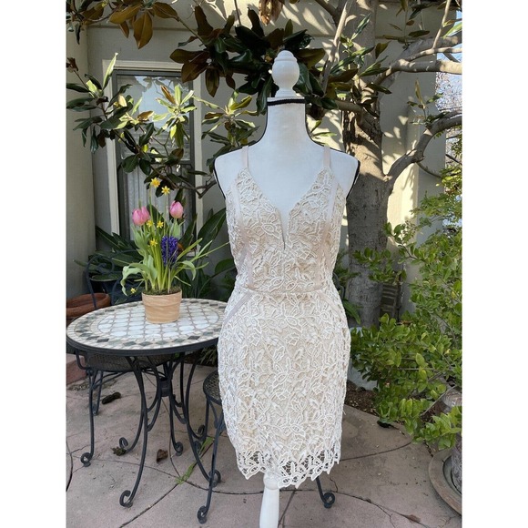 NWT ASTR The Label Womens Sheath Lurex Ivory Lace Dress Lined Spaghetti Straps S - Picture 2 of 8